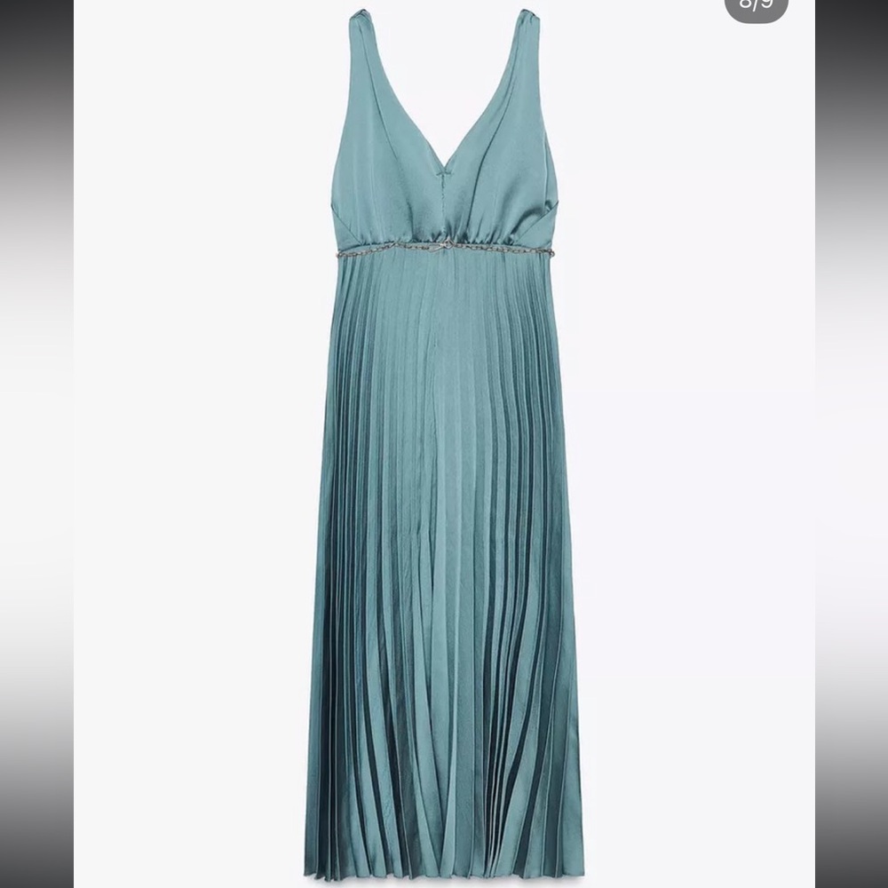 🆕(NWT) ZARA Bloggers Fav Pleated Midi Dress with Belt. XS. Color: Blue Steel - Picture 13 of 16
